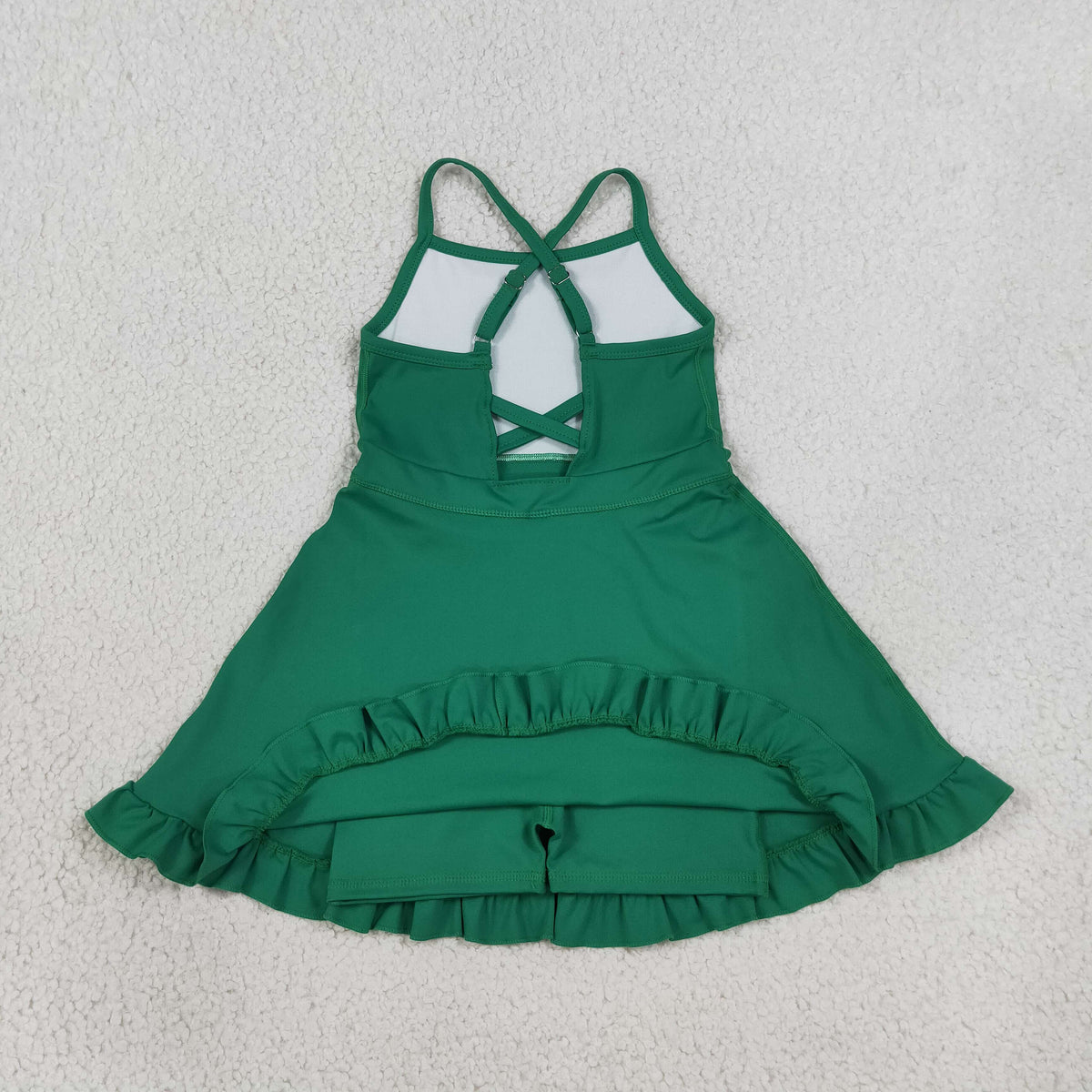 S0782 Baby Girls Dark Green Strap Yoga Active Short Ruffle Knee Length Dress