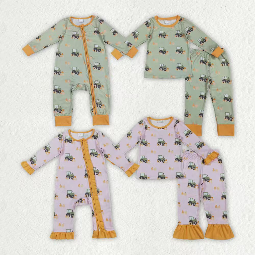 Sibling Baby Kids Fall Trucks Pumpkins Farm Rompers Pajamas Sets