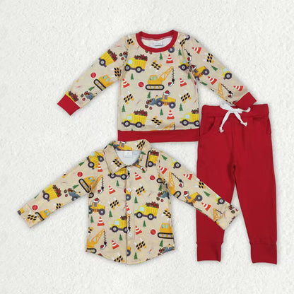 Sibling Baby Boys Christmas Excavators Buttons Shirts Outfits Sets