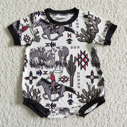 Sibling Baby Boys Western Cows Short Sleeve Summer Rompers