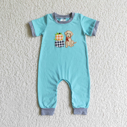 Sibling Baby Boys Dog Pumpkins Embroidery Rompers Outfits Sets