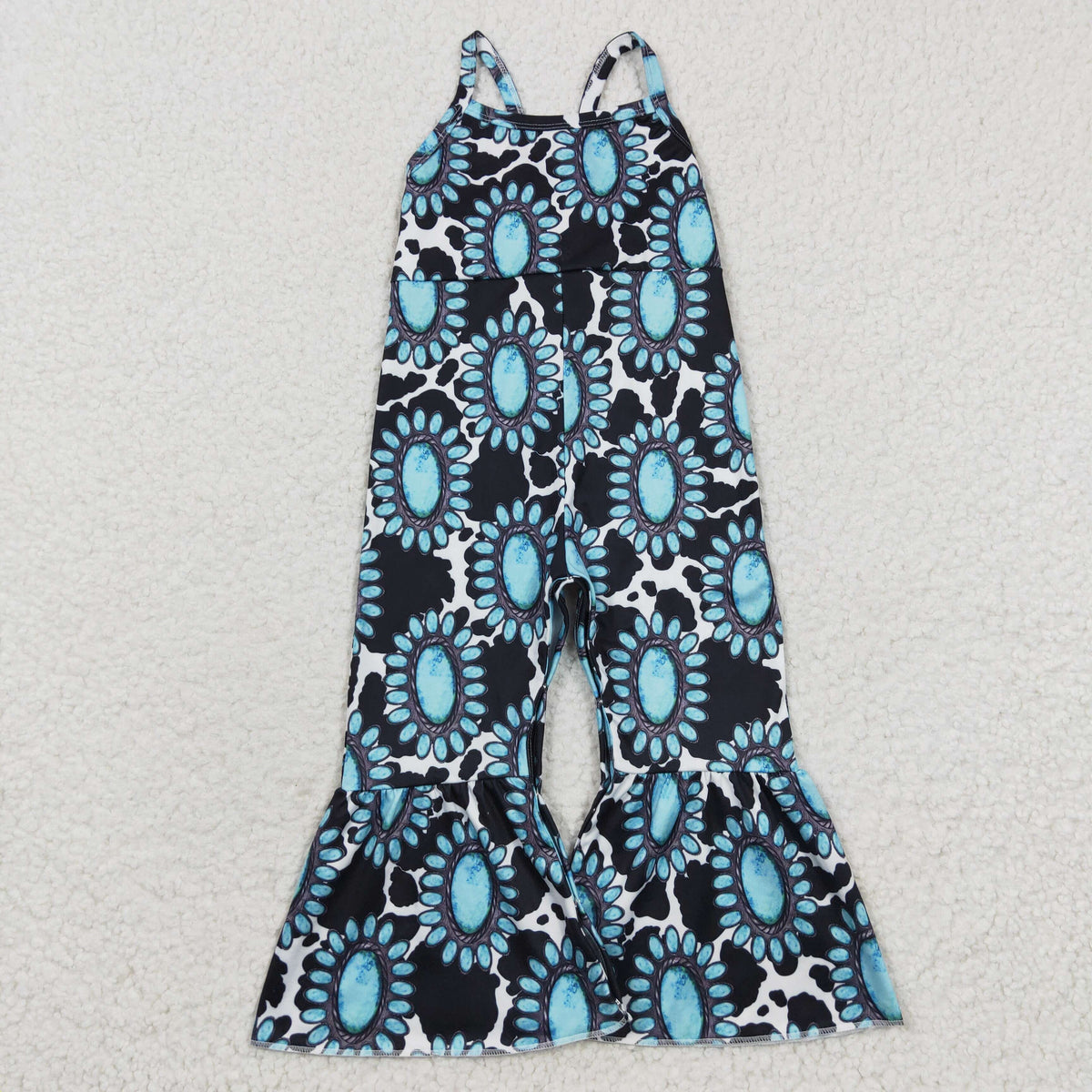 Sibling Baby Girls Strap Turquoise Cow Print Bows Bell Bottom Jumpsuits