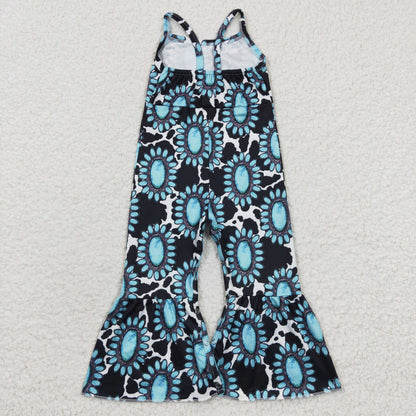 Sibling Baby Girls Strap Turquoise Cow Print Bows Bell Bottom Jumpsuits