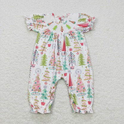 Sibling Baby Girls Smocked Christmas Trees Dresses Ruffle Sleeve Footie Rompers