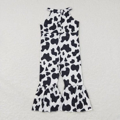 Sibling Baby Girls Strap Turquoise Cow Print Bows Bell Bottom Jumpsuits