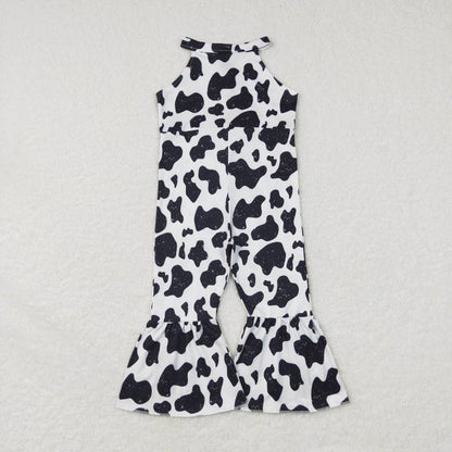 Sibling Baby Girls Strap Turquoise Cow Print Bows Bell Bottom Jumpsuits