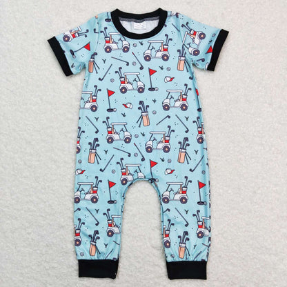 Sibling Baby Boys Blue Golf Flags Button Polo Shirts Footie Rompers