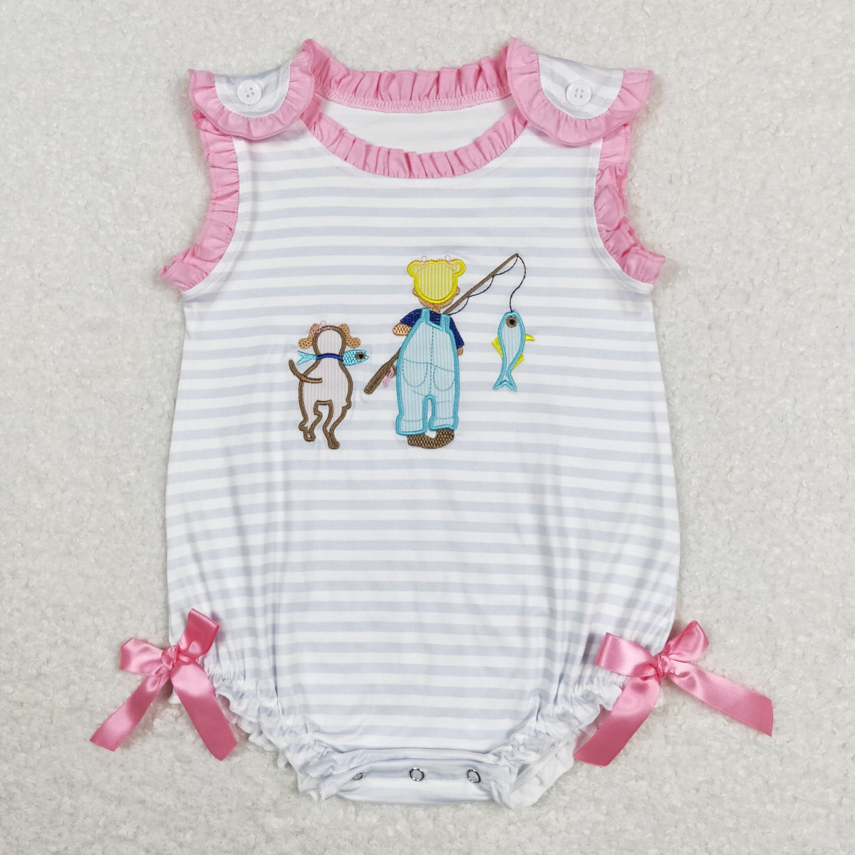 Sibling Baby Kids Embroidery Fishing Stripe Tunic Ruffle Shorts Hunting Clothes Set Rompers