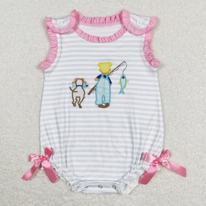 Sibling Baby Kids Embroidery Fishing Stripe Tunic Ruffle Shorts Hunting Clothes Set Rompers