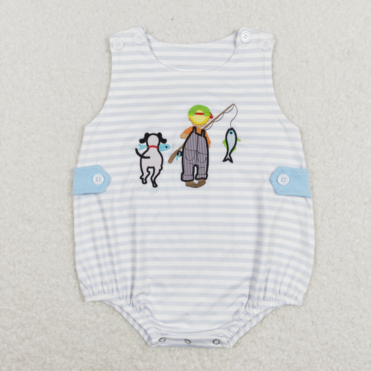 Sibling Baby Kids Embroidery Fishing Stripe Tunic Ruffle Shorts Hunting Clothes Set Rompers