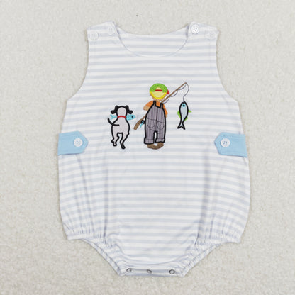 Sibling Baby Kids Embroidery Fishing Stripe Tunic Ruffle Shorts Hunting Clothes Set Rompers