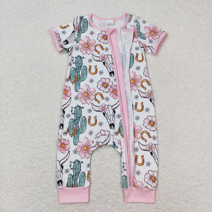 baby girl clothes pink cow cactus zip western romper