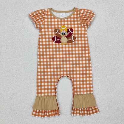 Sibling Baby Boys Girls Embroidery Turkey Footballs Thanksgiving Footie Rompers