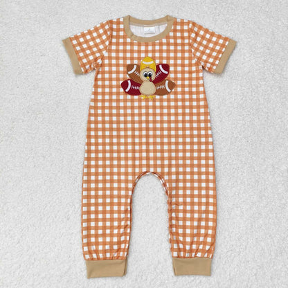 Sibling Baby Boys Girls Embroidery Turkey Footballs Thanksgiving Footie Rompers