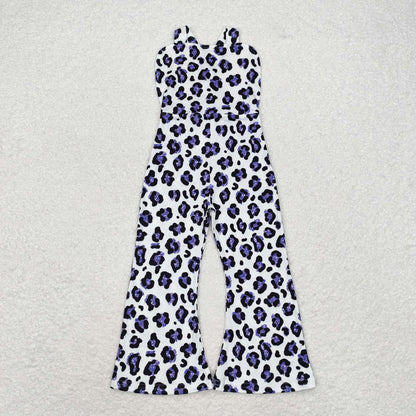 Sibling Baby Girls Strap Turquoise Cow Print Bows Bell Bottom Jumpsuits