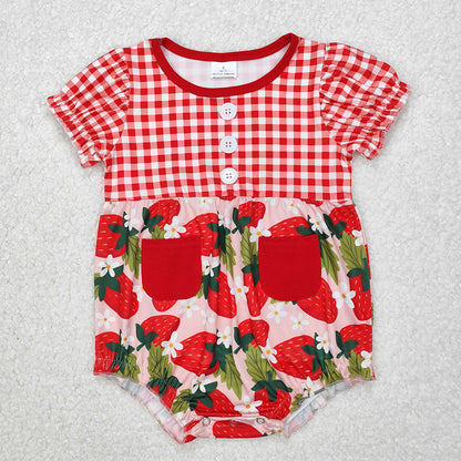 Sibling Baby Girls Red Checkered Strawberry Rompers Dresses Outfits