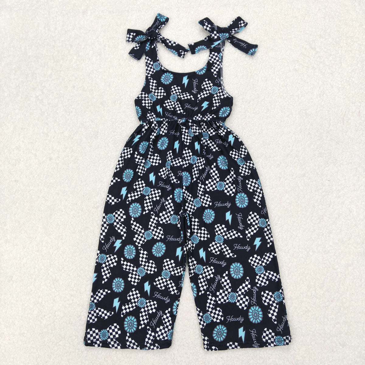 Sibling Baby Girls Strap Turquoise Cow Print Bows Bell Bottom Jumpsuits
