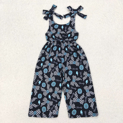 Sibling Baby Girls Strap Turquoise Cow Print Bows Bell Bottom Jumpsuits