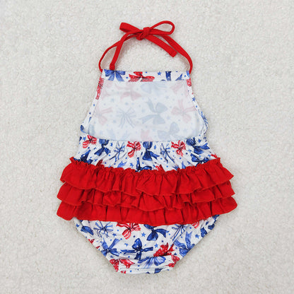 Sibling Baby Girls 4th of July Bows Halter Rompers Dresses