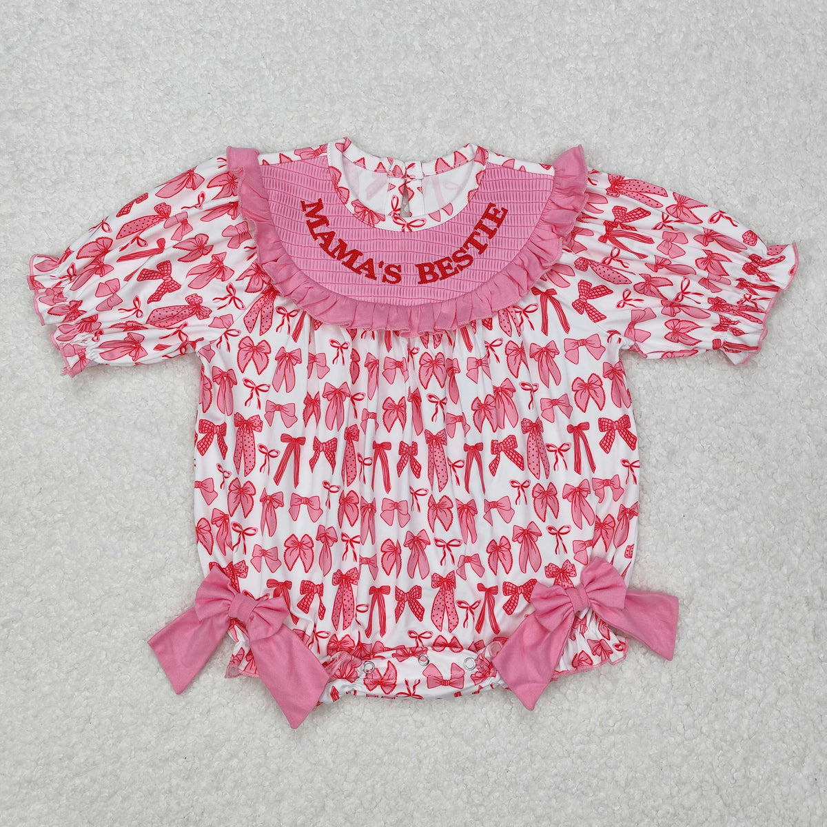 Sibling Baby Girls Smocked Mama's Bestie Camo Bows Ruffle Rompers