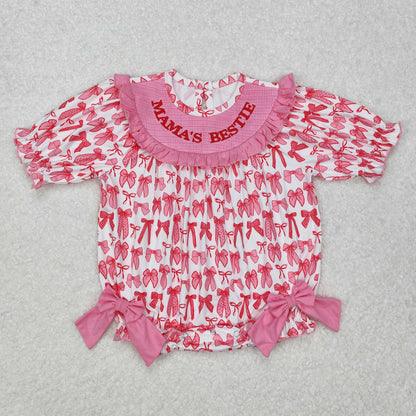 Sibling Baby Girls Smocked Mama's Bestie Camo Bows Ruffle Rompers