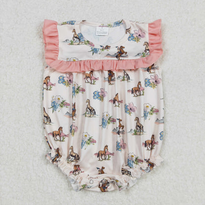 Sibling Baby Girls Horse Rodeos Flowers Western Ruffle Rompers Dress Jumpsuits