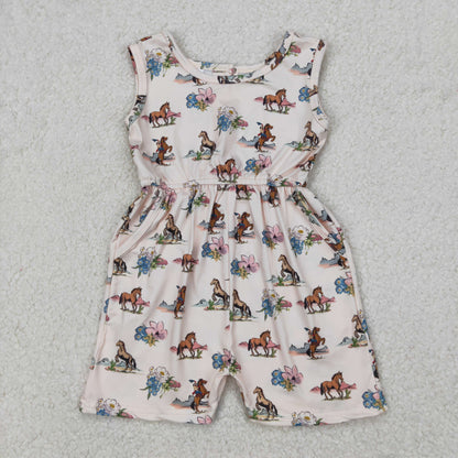 Sibling Baby Girls Horse Rodeos Flowers Western Ruffle Rompers Dress Jumpsuits