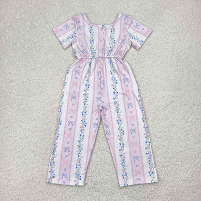 Sibling Baby Girls Short Sleeve Flowers Bows Pockets Pants Jumpsuits