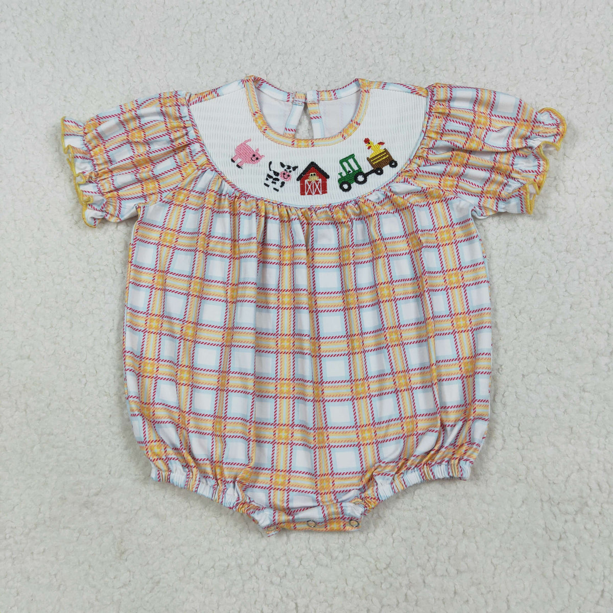 Sibling Baby Girls Fall Plaid Cows Farm Smocked Rompers Dresses