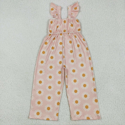 Sibling Baby Girls Flutter Sleeves Peach Daisy Flowers Leopard Bell Jumpsuits