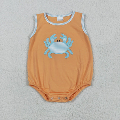 Sibling Embroidery Baby Girls Orange Crab Rompers Outfits Sets
