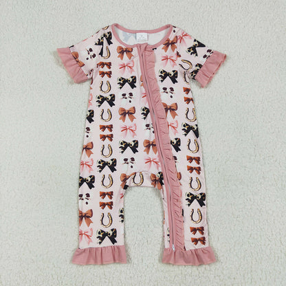 Sibling Baby Girls Pink Western Bows Horse Shoes Rompers Pajamas