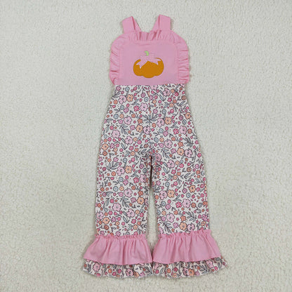 Sibling Embroidery Ghost Pumpkins Baby Girls Strap Floral Fall Halloween Ruffle Jumpsuits