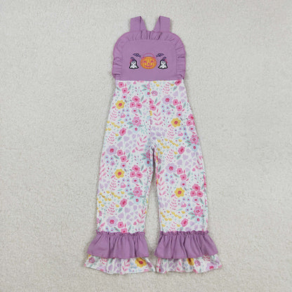Sibling Embroidery Ghost Pumpkins Baby Girls Strap Floral Fall Halloween Ruffle Jumpsuits