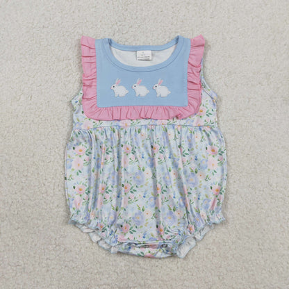 Sibling Baby Boys Girls Embroidery Rabbits Stripe Pockets Short Easter Clothes Set Ruffle Rompers
