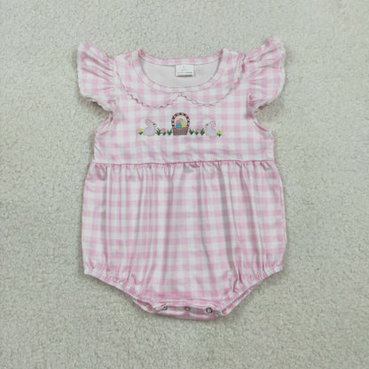 Sibling Baby Girls Pink Checked Embroidery Rabbits Eggs Easter Knee Length Dress Rompers