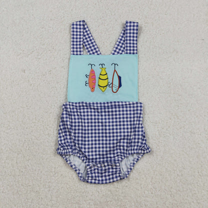 Sibling Baby Kids Embroidery Fishing Top Checked Shorts Hunting Clothes Set Strap Rompers