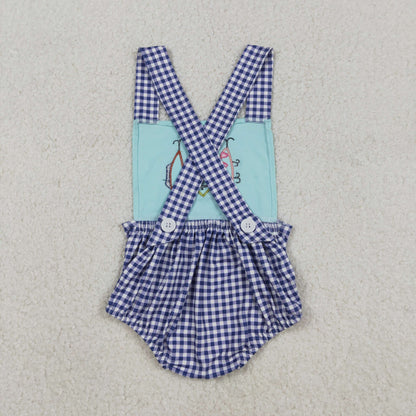 Sibling Baby Kids Embroidery Fishing Top Checked Shorts Hunting Clothes Set Strap Rompers