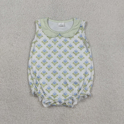 Sibling Baby Girls Flowers Checked Collar Scallop Tunic Ruffle Short Clothes Set Rompers