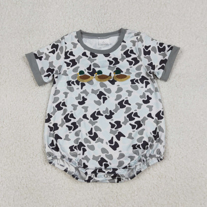 Sibling Baby Boys Short Sleeve Embroidery Southern Camo Ducks Hunting Rompers