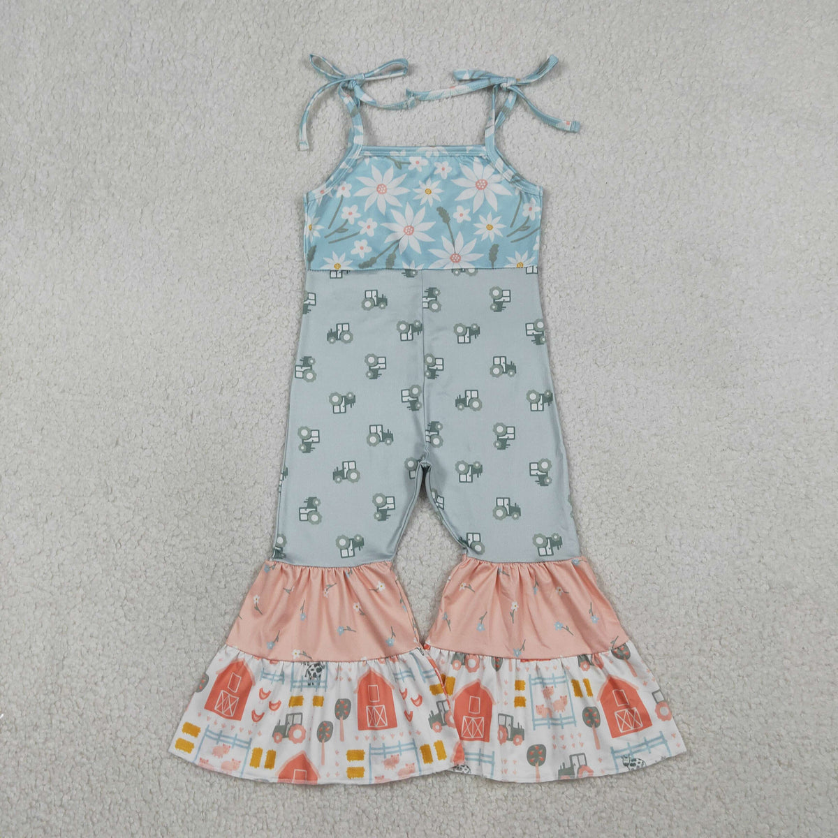 SR3587 Baby Girls Strap Flowers Trucks Patchwork Bell Bottom Pants Farm Jumpsuits