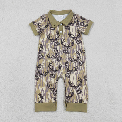Sibling Baby Boys Short Sleeve Southern Hunting Duck Dogs Deer Camo Button Rompers