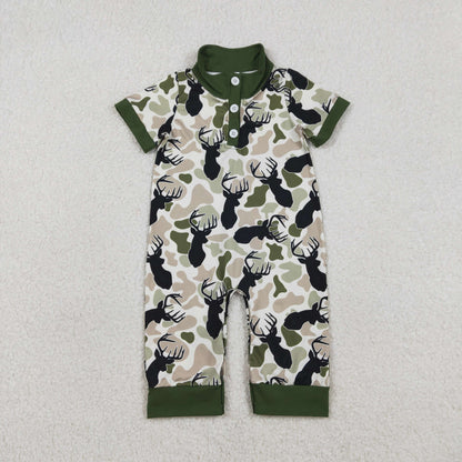 Sibling Baby Boys Short Sleeve Southern Hunting Duck Dogs Deer Camo Button Rompers