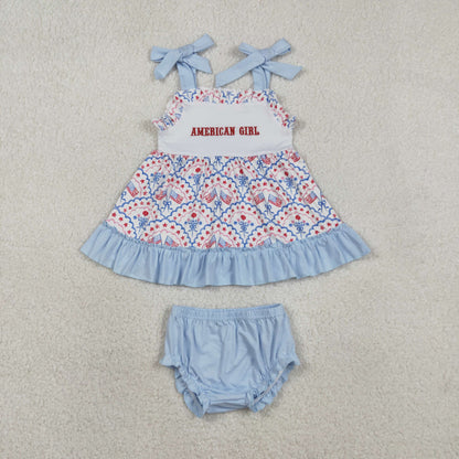 Sibling Baby Embroidery American Girls Bow Flags 4th of July Ruffle Bummies Set Knee Length Dress