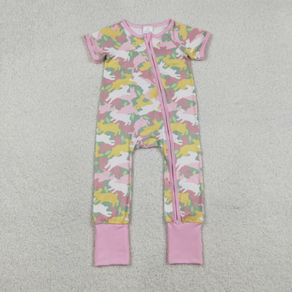 Sibling Mama and Girls Camo Rabbits Button Pocket Short Easter Pajamas Set Dress Zipper Rompers