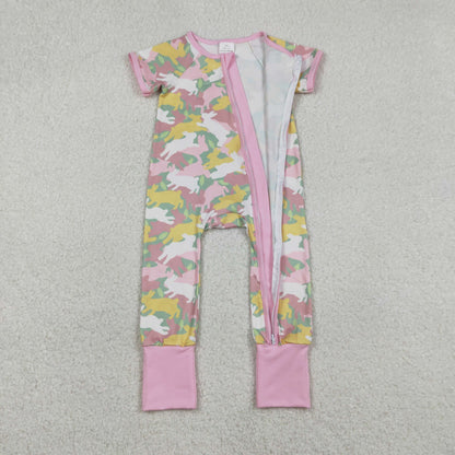 Sibling Mama and Girls Camo Rabbits Button Pocket Short Easter Pajamas Set Dress Zipper Rompers
