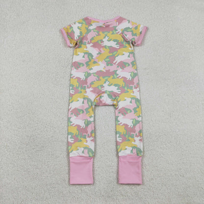 Sibling Mama and Girls Camo Rabbits Button Pocket Short Easter Pajamas Set Dress Zipper Rompers