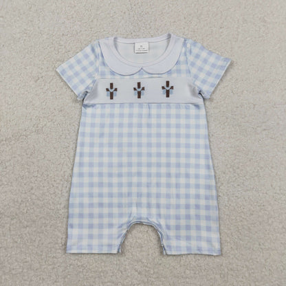 Sibling Baby Kids Embroidery Crosses Easter Checked Collar Knee Length Dress Rompers
