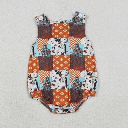 Sibling Baby Boys Sleeveless Aztec Bull Skulls Checked Pockets Shorts Western Set Rompers