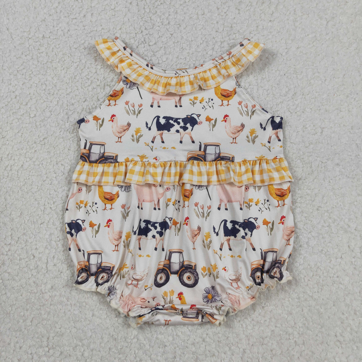 Sibling Baby Girls Pigs Cows Tunic Checked Ruffle Short Farm Clothes Set Rompers